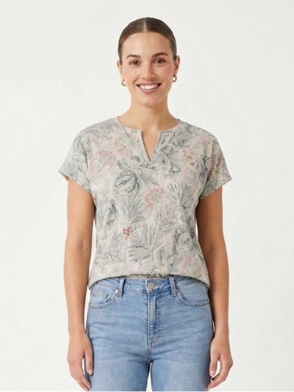 Monoprix Premium 100% Linen Floral Short Sleeve Split- Neck Top Size Small
